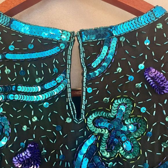 Lawrence Kazar VTG Womens Silk Beaded Sequin Blouse Size Large Black Blue Purple - Picture 8 of 13